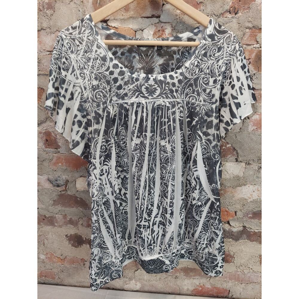 Apt. 9 Womens Plus Size 2X Blouse Top Black White Animal Print Short Sleeve